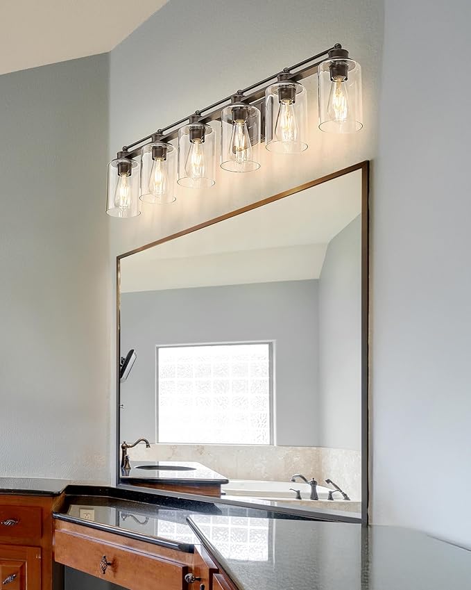 HWH Bathroom Lighting Fixtures Over Mirror 6 Light Oil-Rubbed Bronze Wall Vanity Lights with Clear Glass Shade, 5HLT63B-6W ORB
