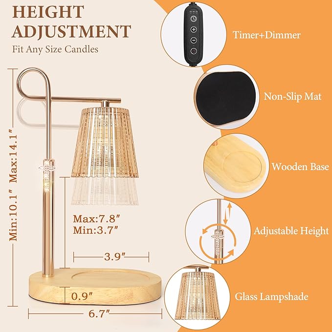 Candle Warmer Lamp with Timer Dimmer, Adjustable Height Wax Warmer Lamp for Jar Candle, Wax Melter House Warming Gifts New Home Décor, Birthday Gifts for Women Mom (Gold)