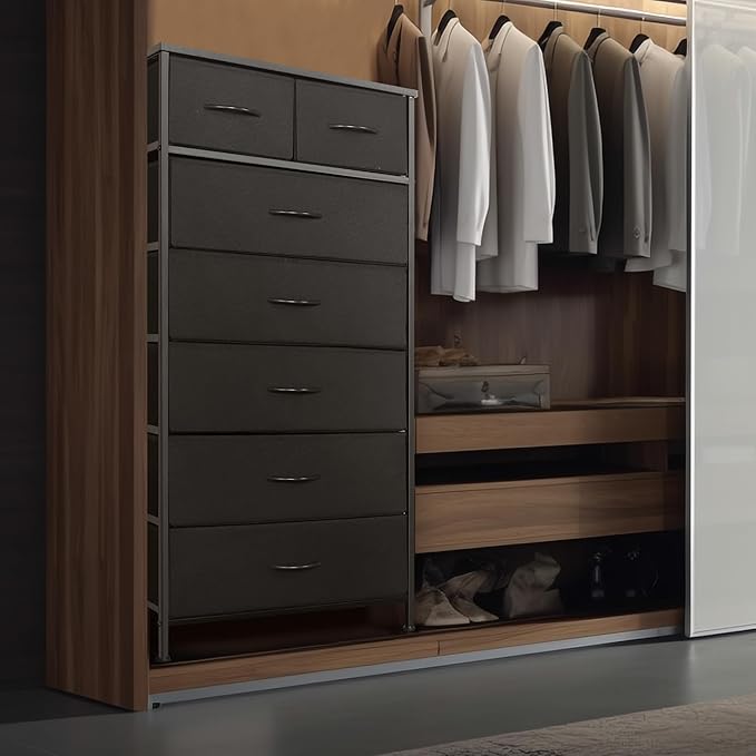 Tall Dresser for Bedroom, Vertical Storage Organizer Tower with 7 Drawers, Chest of Drawers with Fabric Bins, Steel Frame, Wood Top for Bedroom, Closet, Entryway- Black