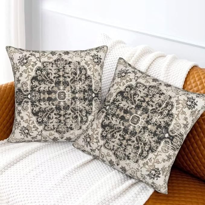 Boho Throw Pillow Covers 16x16 Set of 2, Black Brown Carpet Pattern Pillow Covers Ethnic Rustic Farmhouse Cushion Cases Linen Decorative Gifts for Couch Sofa Indoor Outdoor