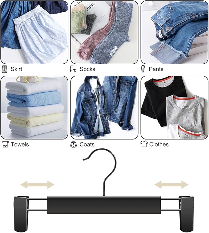 Clothes Pants Hangers, Space-Saving Skirt Holders with 360 ° Swivel Hooks, Adjustable Clips, Trouser Hangers, Clothes Coat Garment Jeans Hangers (30 Pack, Black)