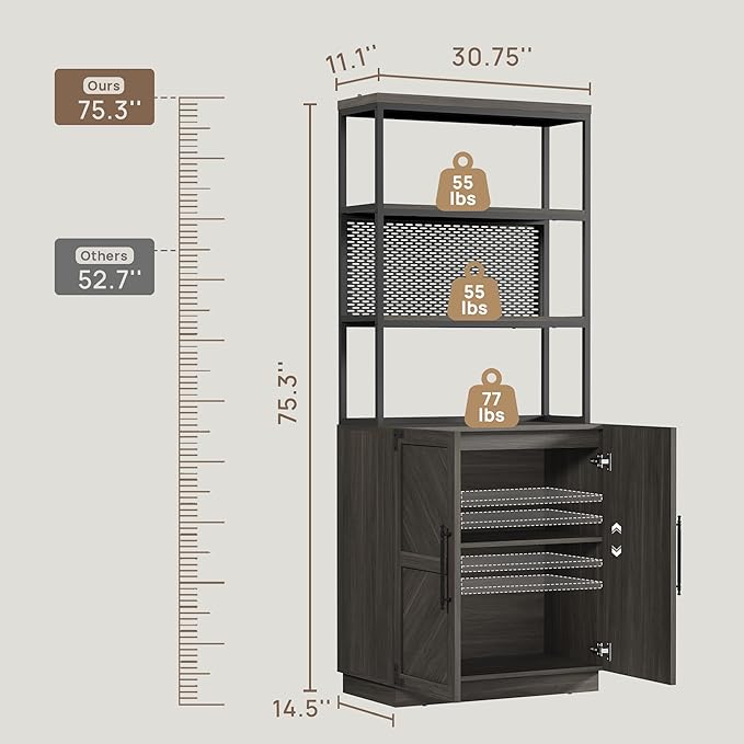 SICOTAS Tall Bookshelf with Storage Cabinet - Modern Book Shelf with Doors and Shelves, 5 Tier Bookcase with Metal Frame Industrial Large Book Case for Home Office, Living Room, 75 Inch, Ash Gray