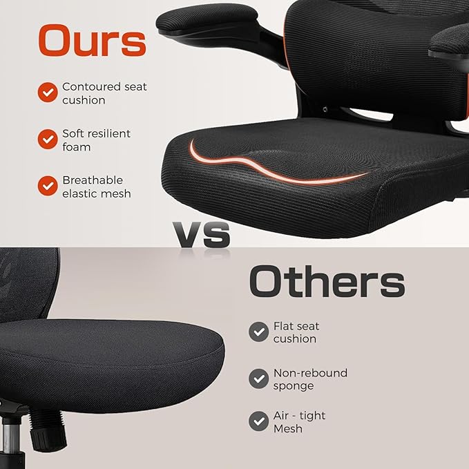 GTRACING Office Chair Ergonomic Desk Chair with 3D Adaptive Lumbar Support, High Back Home Mesh Chair with Flip-Up Arms, Swivel Rolling Computer Seating for Long Desk Work (Black)