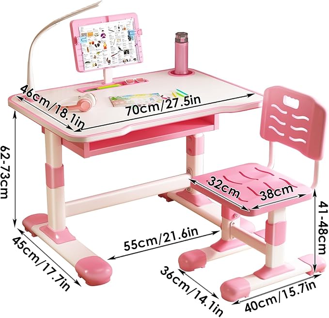 Study Desk Chair Set for Girl, Height Adjustable Toddlers Writing Table with Tiltable Reading Stand LED Table Light, Living Room Bedroom Children Learning Table with Extra Large Drawer Pink