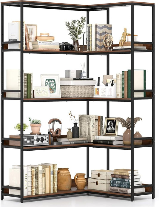 Tangkula Large Corner Bookshelf, 90 Degrees 5-Tier Industrial Wood Open Corner Bookcase for Small Spaces, Heavy-Duty Metal Frame, 71”H L-Shaped Storage Display Rack for Living Room (Walnut)