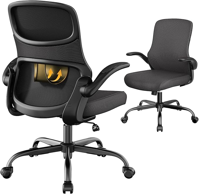 Office Chair, Mesh Ergonomic Desk Chairs, Lumbar Support, Adjustable Height, Flip-up Armrests, Swivel Function and Smooth-Rolling Wheels for Home, Office and Gaming (Black)
