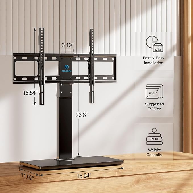 PERLESMITH Universal Swivel TV Stand Base, Table Top TV Stand for 37-75 inch LCD LED TVs, Height Adjustable TV Mount Stand with Tempered Glass Base, VESA 600x400mm, Holds up to 99lbs, PSTVS13