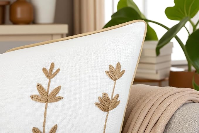 VAGMINE Hand Embroidered Daisy Accent Throw Pillow Cover - 18x18 Inches Square - 100% Cotton Ivory Decorative Cushion Cover for Couch, Sofa, Living Room - Textured Embroidery - Cozy Floral Home Décor