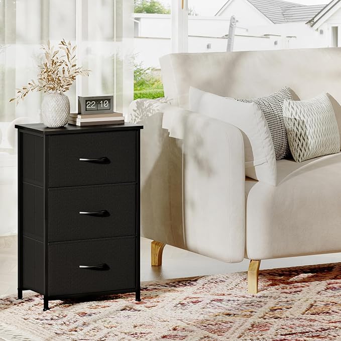 Somdot Small Dresser for Bedroom with 3 Drawers, Nightstand Storage Chest of Drawers with Removable Fabric Bins for Closet Bedside Living Room Laundry Entryway Hallway, Black