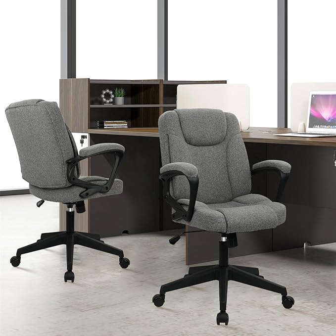 CLATINA Fabric Home Office Chair Linen Cloth Ergonomic Swivel Desk Chair with Padded Armrests, Adjustable Height Rolling Computer Task Chairs for Work, Conference, Study, Grey, 2 Pack