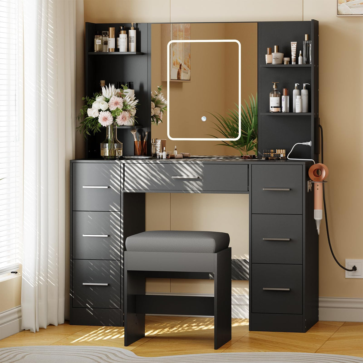 Garvee Makeup Vanity with Mirror and Chair, Power Outlet, Hairdryer Holder, 7 Drawers, 3 Lighting Modes Brightness Adjustable Dressing Table for Bedroom