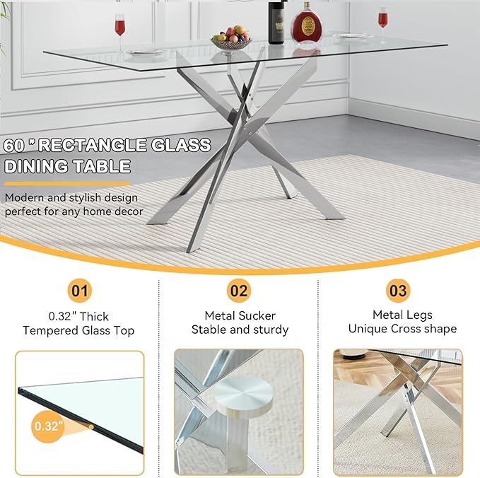 Modern Glass Dining Table Set for 6, Silver Glass Kitchen Table and Chairs Set of 6, 7 Piece Dining Room Table Set with 61" Rectangular Metal Glass Dinner Table and 6 Black Leather Dining Chairs