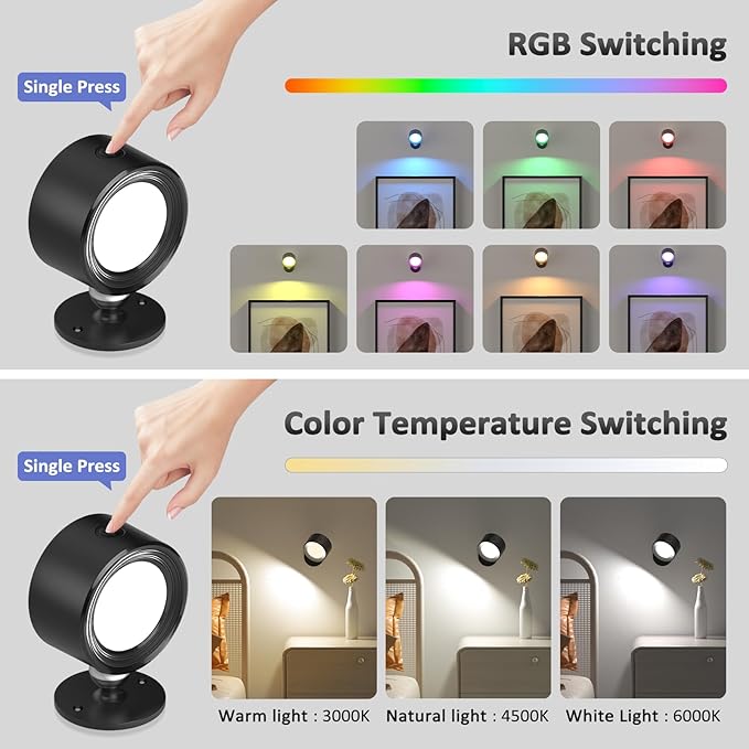 Lightbiz LED Wall Lights 2 Pcs with Remote, RGB Ambience Wall Sconces Lamp 3000mAh Rechargeable Battery Operated, 3 Color Temp & Dimmable Magnetic 360° Rotation Cordless Light for Living Room Bedside