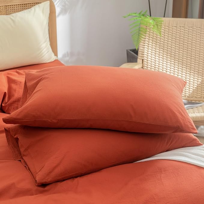 BESTOUCH Duvet Cover Set 100% Washed Cotton Linen Feel Super Soft Comfortable Chic Lightweight 3 PCs Home Bedding Set Solid Burnt Brick Red Oversized Full