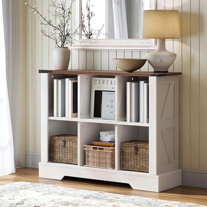 6 Cube Storage Organizer, 2 Tier Bookshelf, Vintage Wood Bookcase with Led Lights, Toy Storage Shelf, Wall Cube Shelves for Bedroom, Kids, Home Office, Living Room (White, 6)