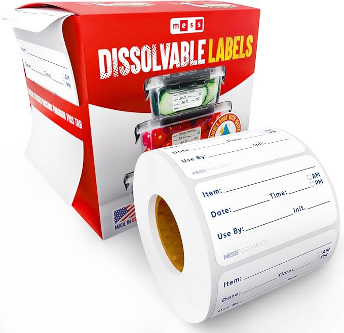 MESS Dissolvable Food Labels, 1x2, 200/Roll - Dissolves in 30 Seconds or Less - Removable Pantry, Meal Prep & Food Storage Labels – Canning & Freezer Use