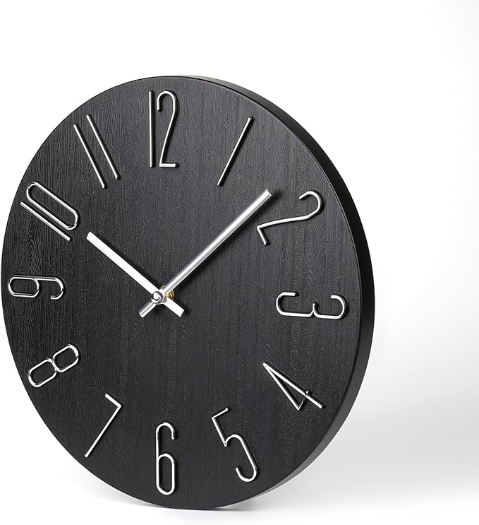 jomparis Wall Clock 12" Silent Non-Ticking Modern Style Wooden Wall Clocks Decorative for Office Home Bedroom School (Black)