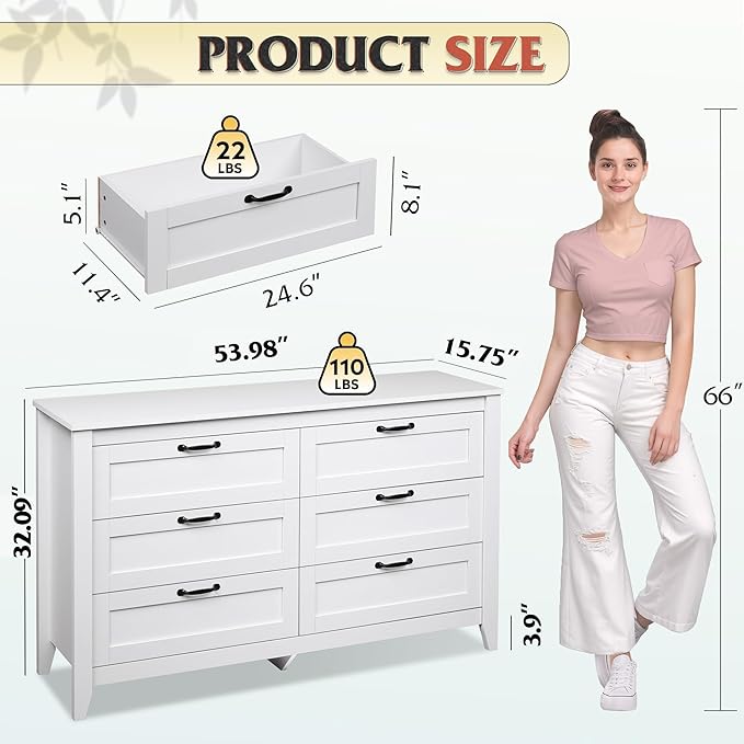 WLIVE White Dresser for Bedroom, 6 Drawer Wood Dresser with Metal Handle, Large Double Wooden Chest of Drawers for Living Room, Hallway, Closet