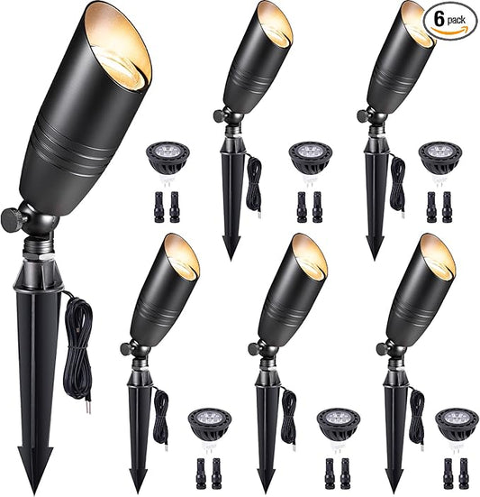 Low Voltage Spot Lights - Black Solid Brass Landscape Spotlight Wired, 12V Outdoor LED Bullet Uplights, Waterproof Electric for Patio Wall with 4000K Bright White MR16 Bulb (6 Pack)