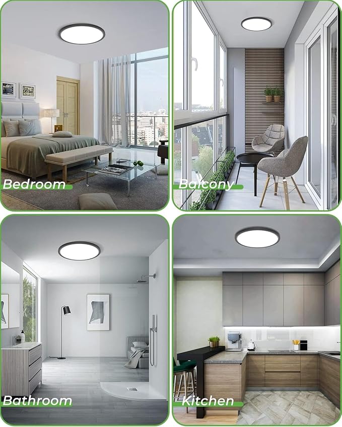 zemty Black LED Flush Mount Ceiling Light - 12 Inch 28W 3200lm LED Light Fixture, 3000k/4500k/6000K Selectable Round Flat Light Fixtures for Bedroom, Kitchen, Hallway