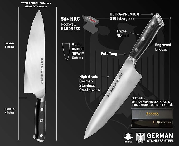 KANKA Professional 8 inch Chef Knife – High Grade 1.4116 Stainless Steel, Ultra-Premium G-10 Fiberglass Handle, Premium Wood Sheath Included – Essential Kitchen Knife for Chefs