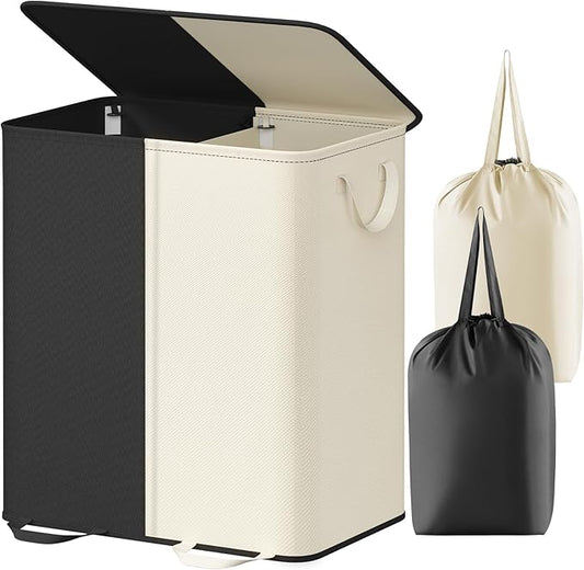 Lifewit Double Laundry Hamper with Lid and Removable Laundry Bags, Large Collapsible 2 Dividers Dirty Clothes Basket with Handles for Bedroom, Laundry Room, Closet, Bathroom, College, 155L White&Black
