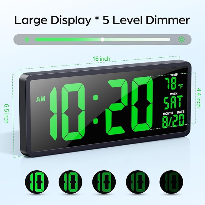 YORTOT 16” Large Digital Wall Clock with Remote Control and 7 Night Lights, 4 Level Dimmer, Super Easy to See, Big LED Clock with Indoor Temperature, Date, Perfect for Home, Office, Gym (Green)