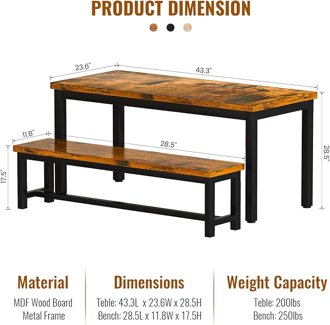 Lamerge Kitchen Table Set with 2 Benches 4 Person Dining Room Table Set for Home Kitchen, Dining Room, Restaurant, Space Saving, Rustic Brown, 43.3''L x23.6''W x28.5''H (43F)