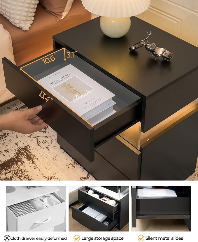 Bingoday LED Nightstand 3 Drawers Nightstand with LED Lights Tall Nightstand for Bedroom LED Bedside Tables for Bedroom Living Room