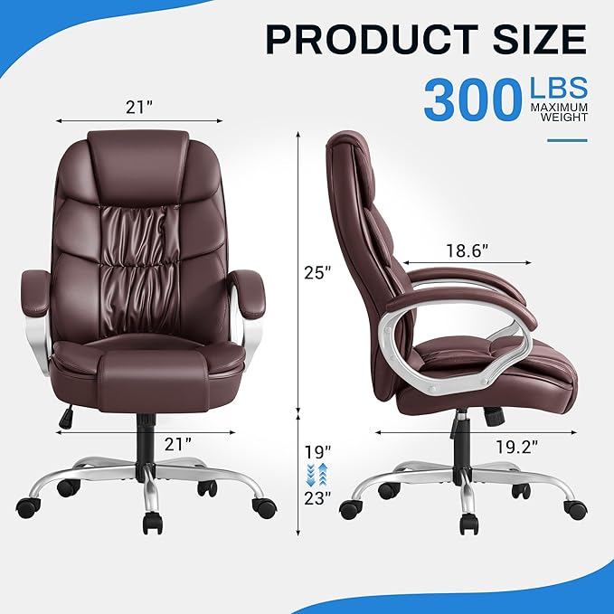 Furmax Leather High Back Office Chair Ergonomic Executive Office Chair Swivel Computer Desk Chair Lumbar Support Soft Cushioned Padded Arms (Brown)
