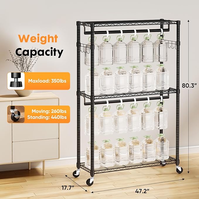 Sweetcrispy Rolling Clothes Rack, Heavy Duty Garment Racks 3 Tiers Portable Adjustable Wire Shelves with Wheels, Hanging Rods & Side Hooks Metal Freestanding Clothing Wardrobe Closet - Black
