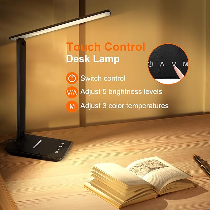 karidi LED Desk Lamp Dimmable Table Lamp with USB Charging Port, 5 Lighting Modes, Sensitive Control, Foldable Portable Desk Light for Home Office Bedroom Reading