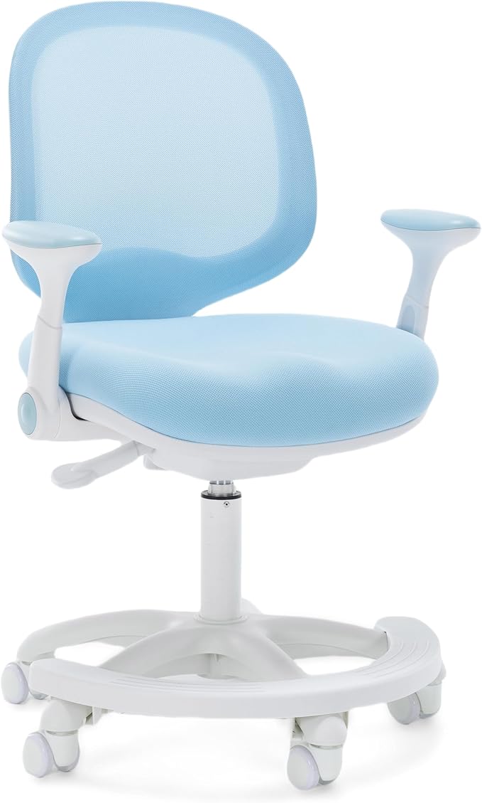 Kids Desk Chair, Boy's Girl's Child Children Study Office Computer Chair, Ergonomic Design, Adjustable Height and Seat Depth (Grey) (Sky Blue W/Armrests and Footrest)