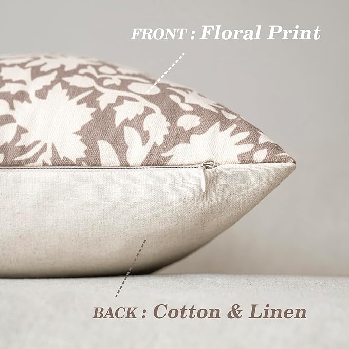 Foindtower Set of 2 Decorative Neutral Floral Throw Pillow Covers Accent Farmhouse Cushion Covers Boho Vintage Pillowcase for Couch Sofa Bedroom Living Room Home Decor Outdoor,18×18 Inch,Tan