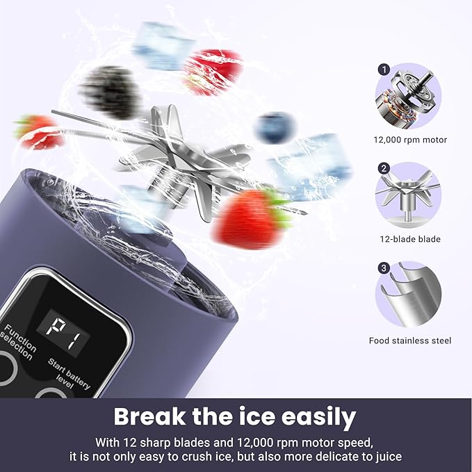 Portable Personal Electric Blender，500ML Portable Shakes and Smoothies Blender，Small Blenders、Mixing、Compact、Convenient and Versatile(Purple)