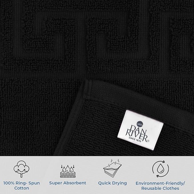 DAN RIVER Greek Bath Mat - Black, 100% Ring Spun Cotton, Pack of 2, 20x32 inches, 800 GSM, Non-Slip, Absorbent, Quick Drying, Machine Washable Bathroom Floor Mats for Shower, Kitchen & Bath