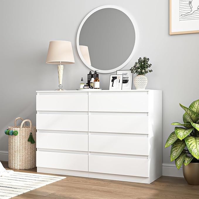 White Dresser for Bedroom,Modern Large 8 Drawer Dresser with Deep Drawer,Wide Storage Chest of Drawer for Closet, Bedroom Storage Furniture,TV Stand for Living Room