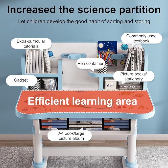 Children Learning Desk and Chai Set, Children Study Desk with Chair,Kids Widened Desktop Cartoon Pattern Pink Desk Chair, Suitable for Reading, Learning, Writing, Painting, Etc Blue(Pink-B)