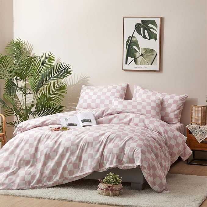 Pink and White Checkered Comforter Set Queen Comforter Set 3 Piece Bedding Set with Lightweight Comforter and 2 Pillowcases Soft Microfiber All-Season