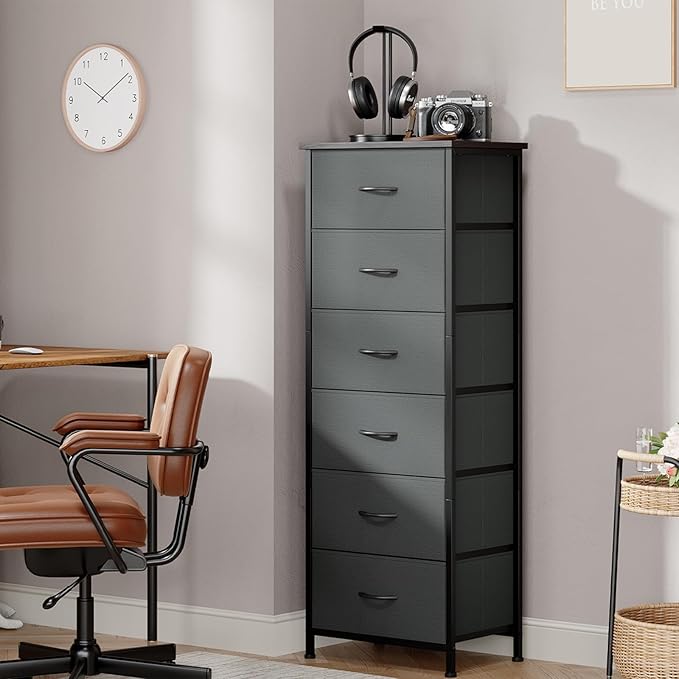 Somdot Tall Dresser for Bedroom with 6 Drawers and Side Pockets, Storage Organizer Chest of Drawers with Fabric Bins for Closet Bedside Nursery Living Room Entryway Hallway, Charcoal Grey