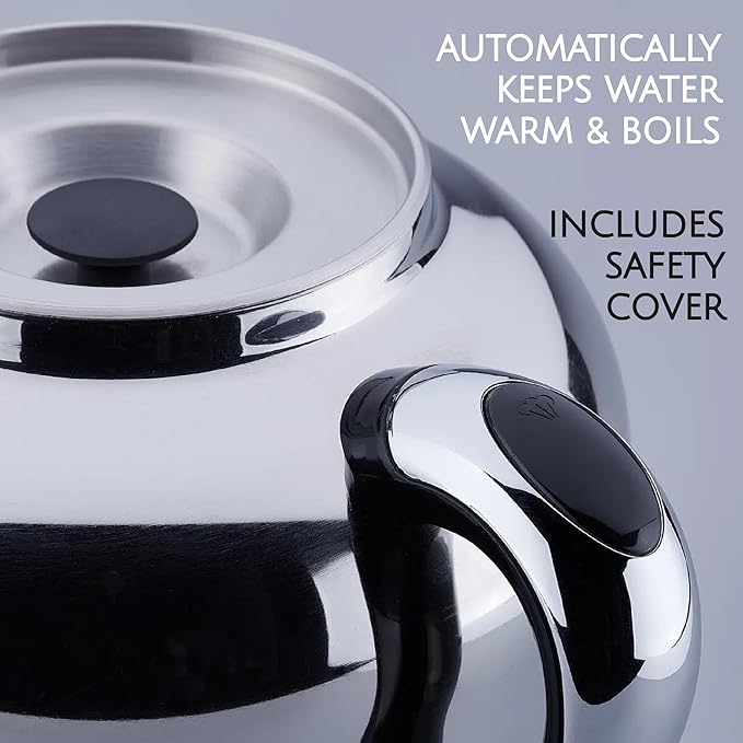 Korkmaz Caykolik A842-01 Stainless Steel Samovar, Upper Pot 1.3 L (43.9 Oz), Bottom Pot 3 L (101.4 Oz) Electric Turkish Tea Maker Set, Double Pots, Inox, Chrome, Black 110 V US Plug, 4.5- Quart