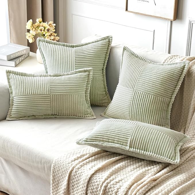 MIULEE Decorative Lumbar Throw Pillow Covers for Couch Bed Livingroom 12x20 Inch Set of 2 Light Green Boho Accent Throw Pllows Broadside Striped Patchwork Soft Corduroy Summer Pillowcases