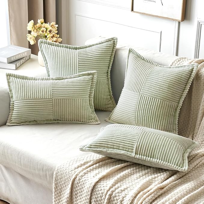 MIULEE Decorative Throw Pillow Covers for Couch Bed Livingroom 18x18 Inch Set of 2 Light Green Boho Accent Throw Pllows Broadside Striped Patchwork Soft Corduroy Summer Pillowcases