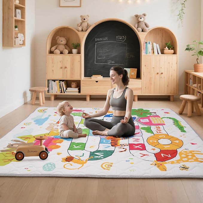 Baby Play Mat for Floor,50x50 Inch Soft Padding Crawling Mat for Playpen, Foldable and Machine Washable, Thick for Babies & Toddlers,Animal School