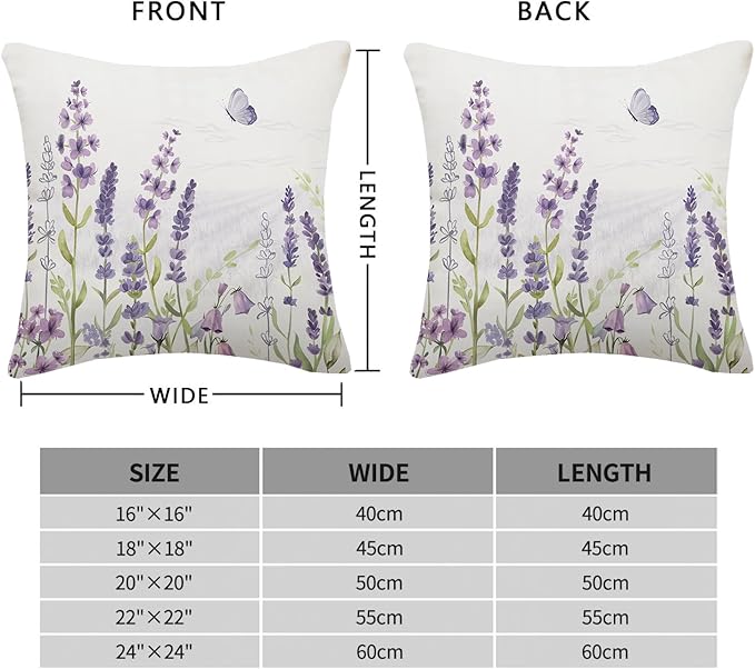 Spring Lavender Pillow Cover 20x20 Inch Set of 2, Purple Flowers Throw Pillow Covers Summer Watercolor Floral Decorations Linen Cushion Covers Farmhouse Home Decor for Sofa Couch Outdoor