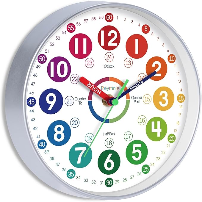 Learning Clock for Kids Learning to Tell Time Easily Colorful Teaching Time Clock Silent Non Ticking Battery Operated Decorative for Kids Room Classroom School Bedroom (8 Inch)