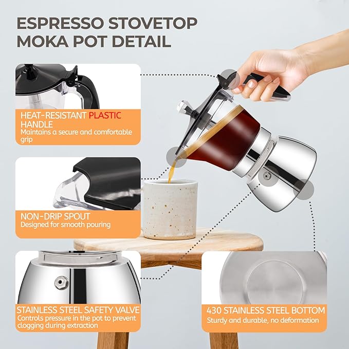 Clear Plastic Moka Pot 4 Cup 200ml Stainless Steel Coffee Maker Uncoated Stovetop Espresso Coffeemaker Italian Classic Style Brewing Greca Cafe Mocha Machine for Cafeteras Camping Travel Home Use