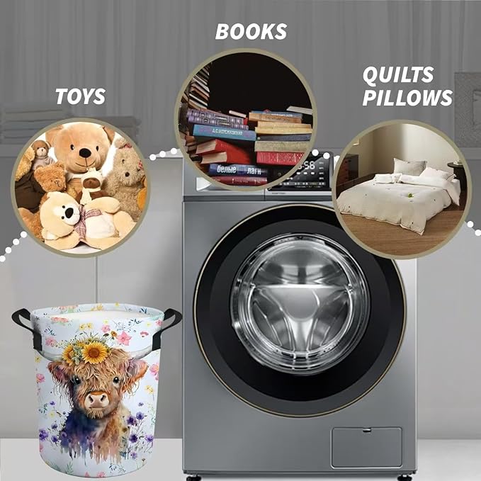 Highland Cow Laundry Basket Nursery Baby Hamper Western Room Decor Funny Tote Bag for Teen Boy Girl Gift 19.6"x15.7"