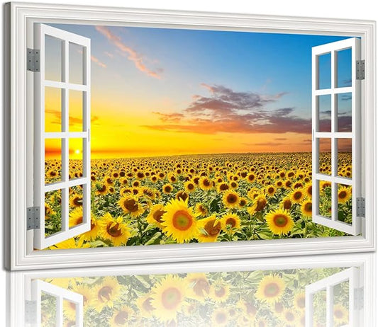 Sunflower Wall Art Decor Flower Canvas Pictures for Living Room Rustic Painting for Wall Window Style Sunset Art Prints for Bedroom Nature Floral Landscape Artwork for Home Office Kitchen Decorations,