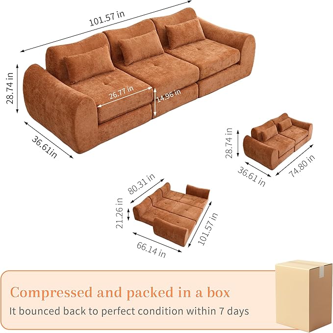 MAXMAXX 102" Cloud Sofa, 4-in-1 Folding Sofa Bed, Floor-Standing Boneless Couch, Futon Sofa Bed for Living Room, Bedroom and Entertainment Room(Orange)